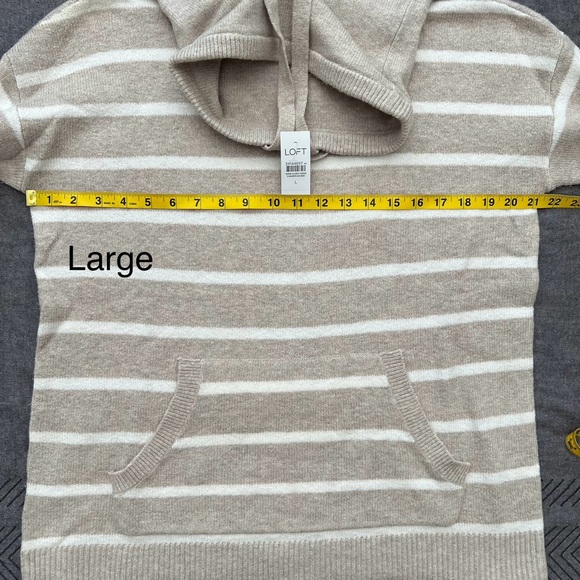 NWT Loft Striped Drawstring Neck Pocket Sweater Stone Heather - Picture 12 of 15